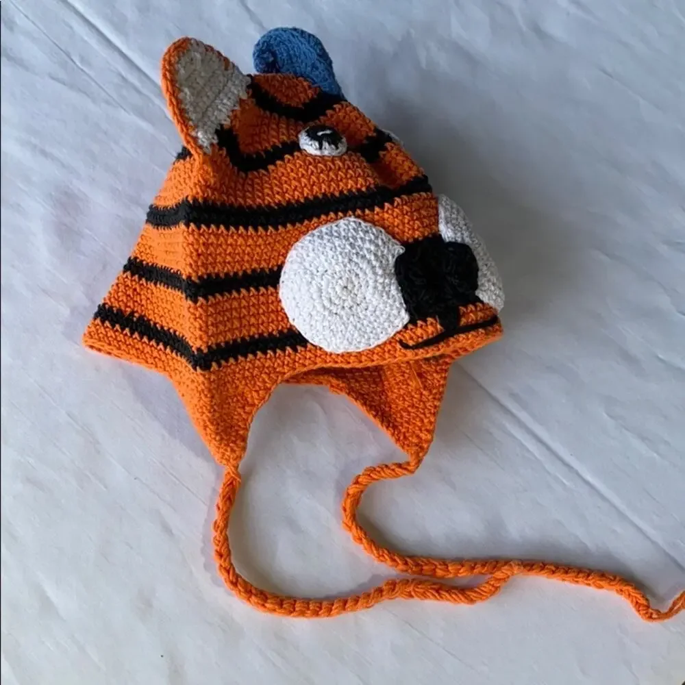 CUTE Orange Crochet Tiger‎ Face Infant Hat Ties